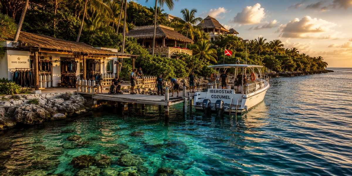 South Cozumel all-inclusive resort with an on-site dive pier and boats near the reef