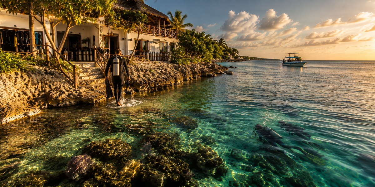 Scuba Club Cozumel dive lodge with simple rooms and a house-reef dock near the water