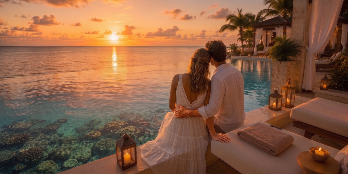 Adults-only Cozumel resort infinity pool over calm leeward reef water at dusk