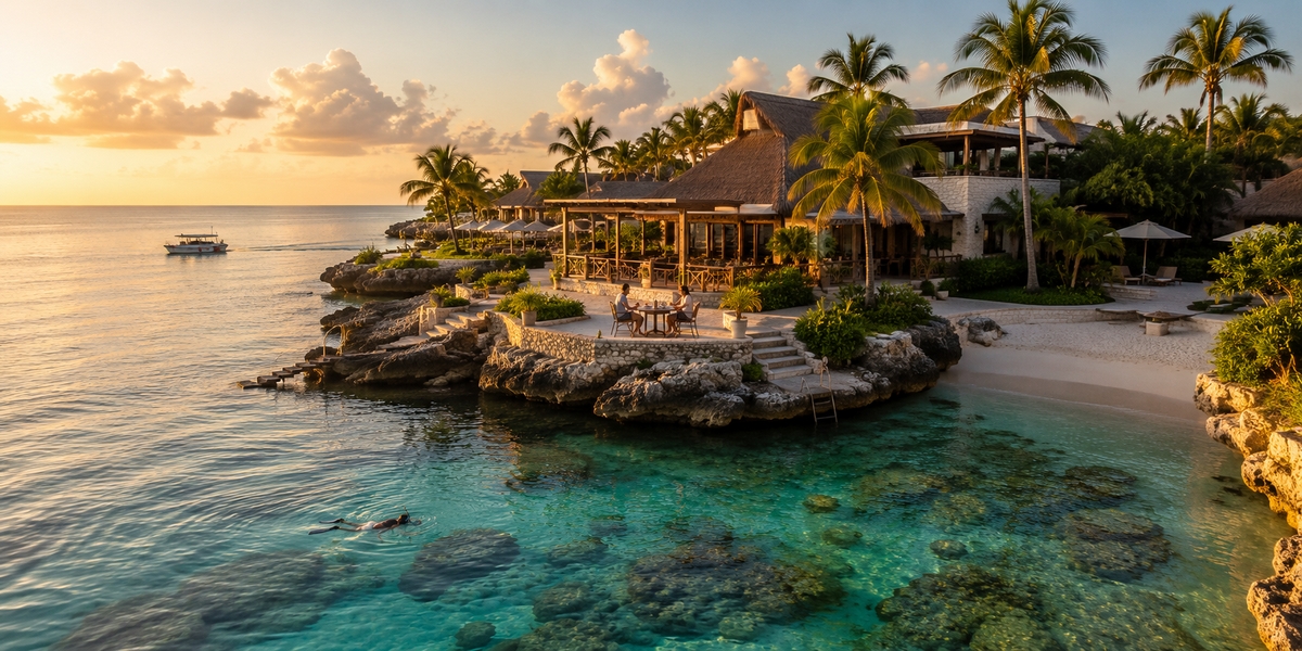 Quiet evening at a Cozumel resort with calm leeward water and the lights of San Miguel in the distance