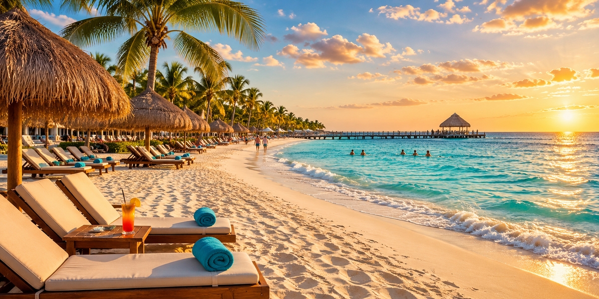 Fifth Avenue in Playa del Carmen at dusk, a short walk from the budget all-inclusive resorts