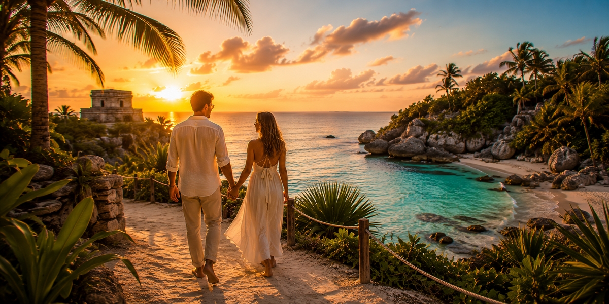 Romantic resort pool and beach visual used for comparing honeymoon resort styles in Cancun and Riviera Maya