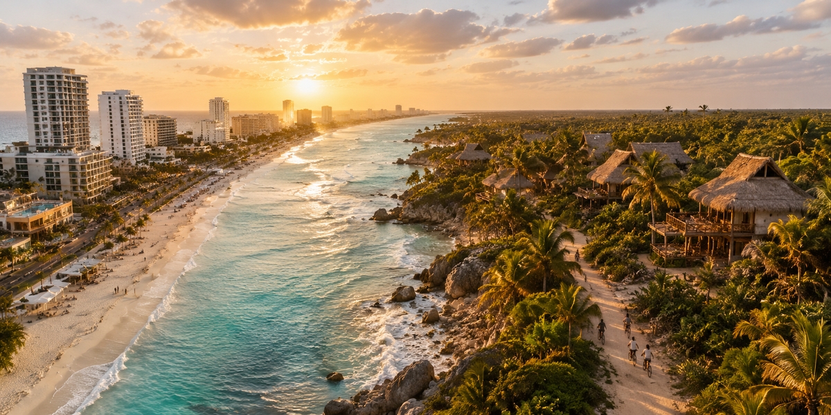 Caribbean coastline contrast between Cancun's hotel towers and Tulum's low jungle shoreline