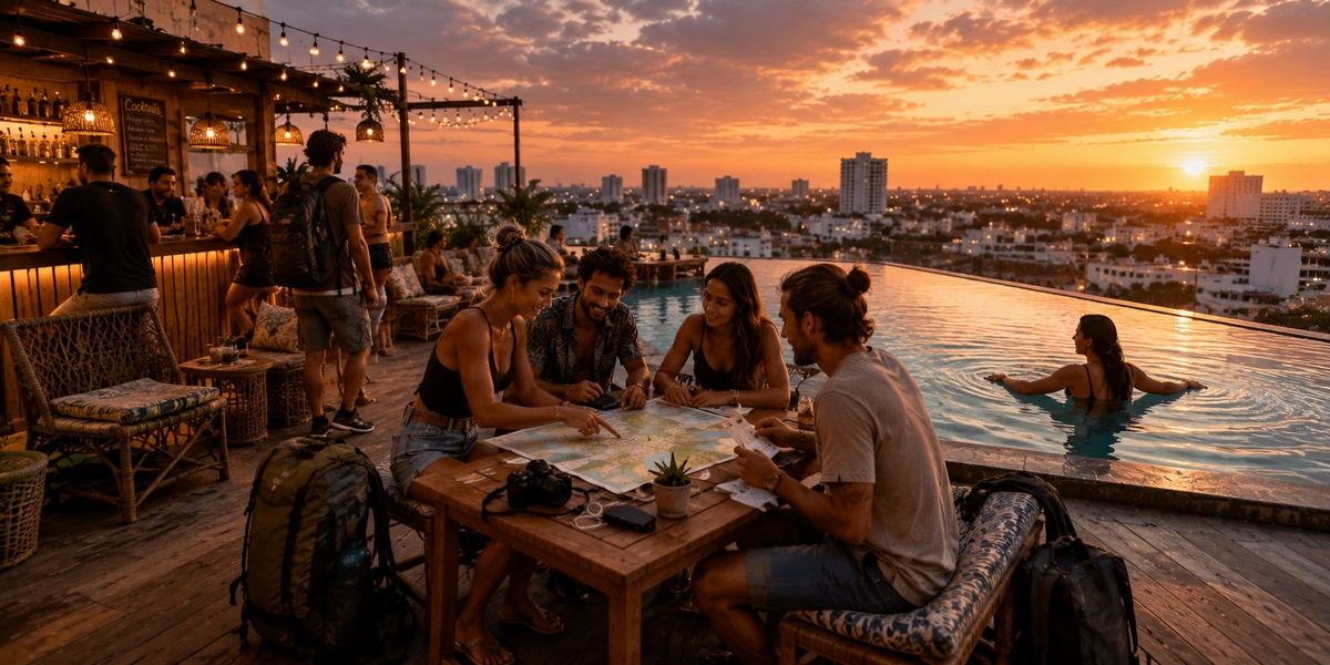 Rooftop pool of a downtown Cancun hostel at sunset