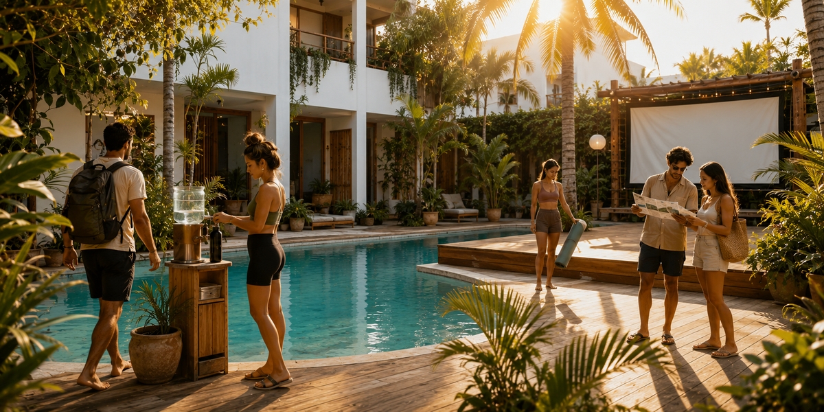 Budget hostel pool and yoga deck near the Cancun party strip