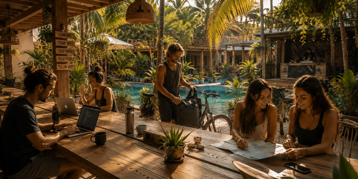 Hostel pool with working travelers on laptops in Tulum