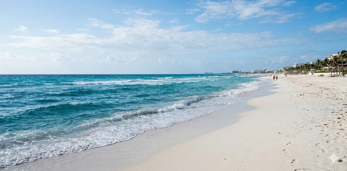 South Hotel Zone in Cancun — wide open beaches, ocean, and moderate waves