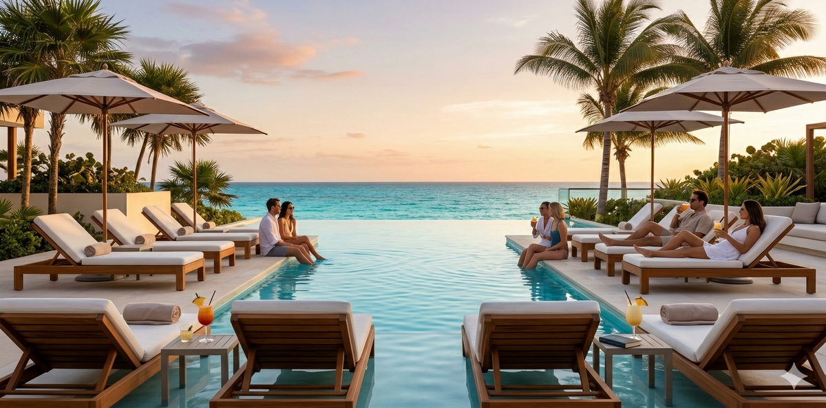 Hotel in Cancun — infinity pool overlooking the Caribbean Sea, vacation atmosphere