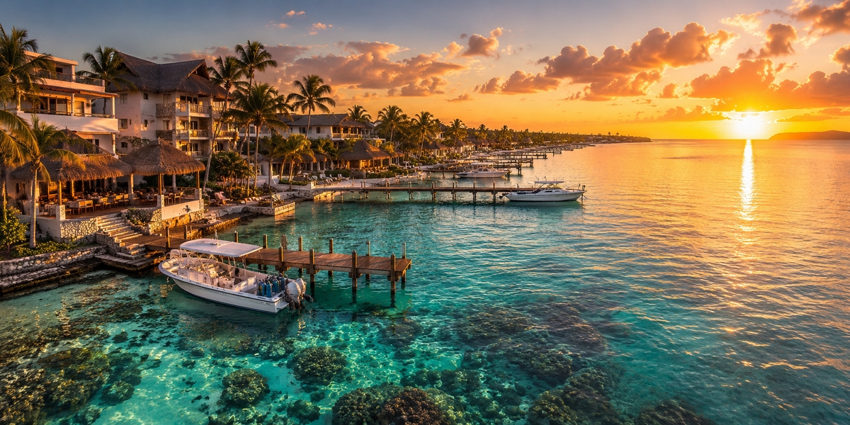 Western shore of Cozumel with calm water and the coast road connecting hotel zones