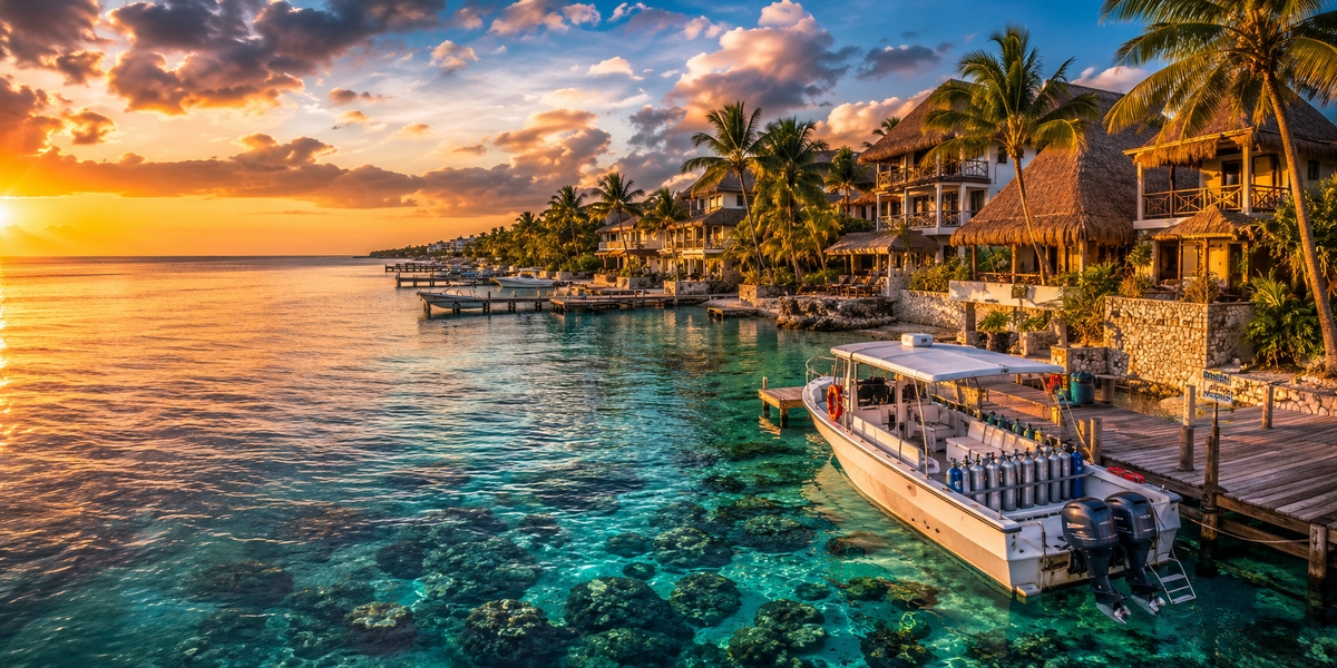 Dive boat loading at a hotel pier on Cozumel with gear staged at the dock