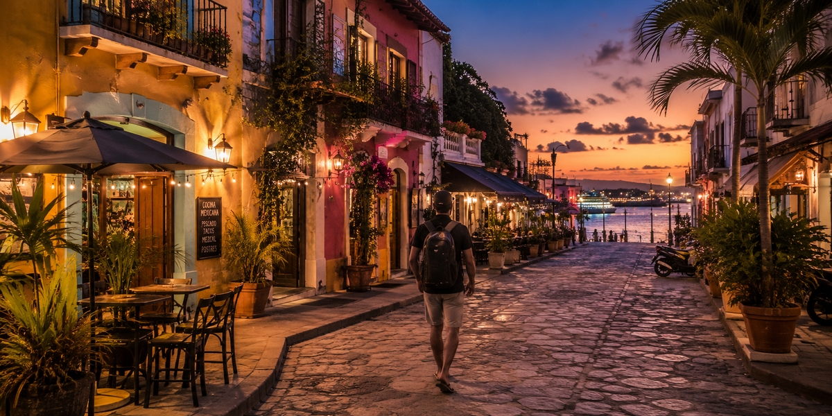 Evening waterfront promenade in San Miguel de Cozumel after cruise ships depart