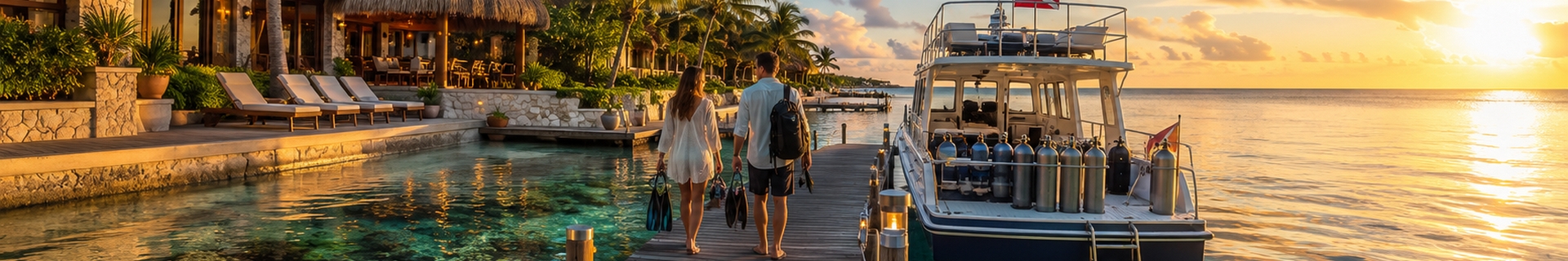 Cozumel waterfront with dive boats and hotels along the western shore near San Miguel