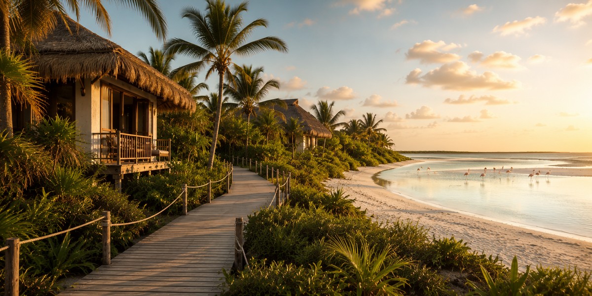 Rustic beachfront villas with palapa roofs in the protected east end of Holbox