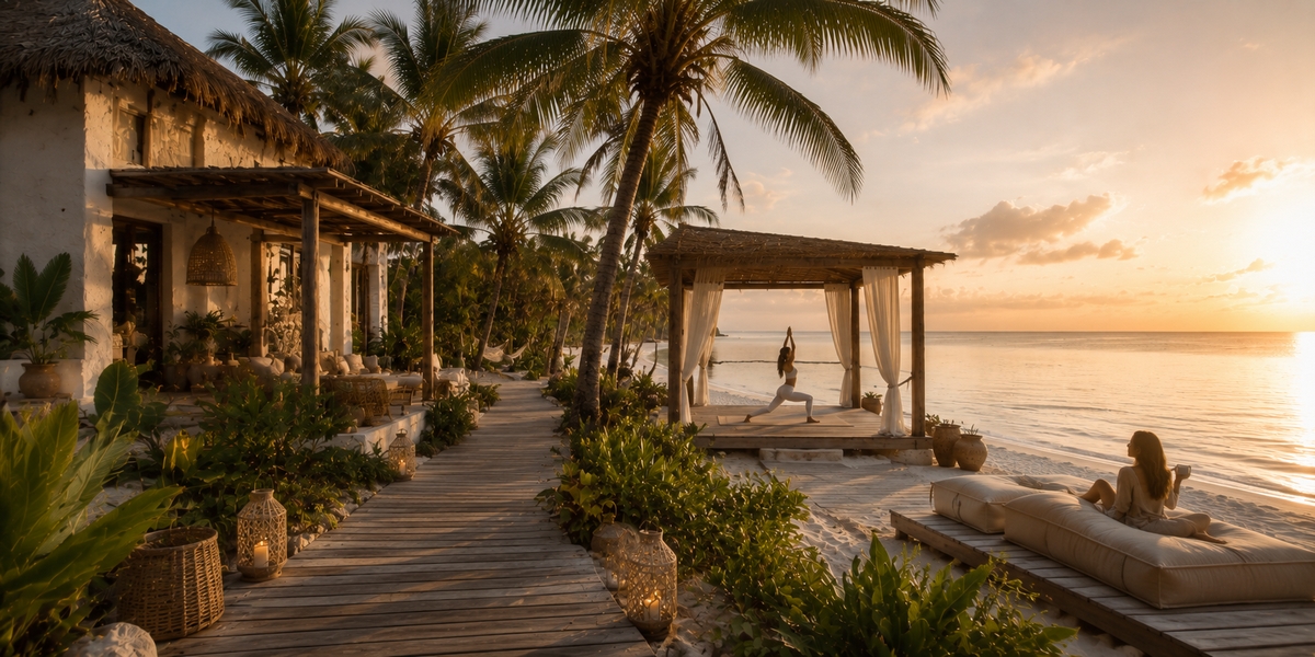 Bohemian luxury villas with thatched roofs on the western beach of Holbox