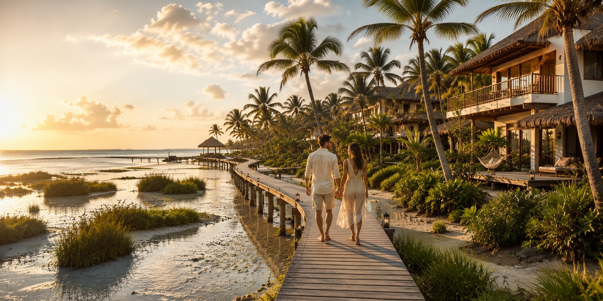 Sandy hotel lane on Holbox with golf carts and palapa roofs near the beach strip