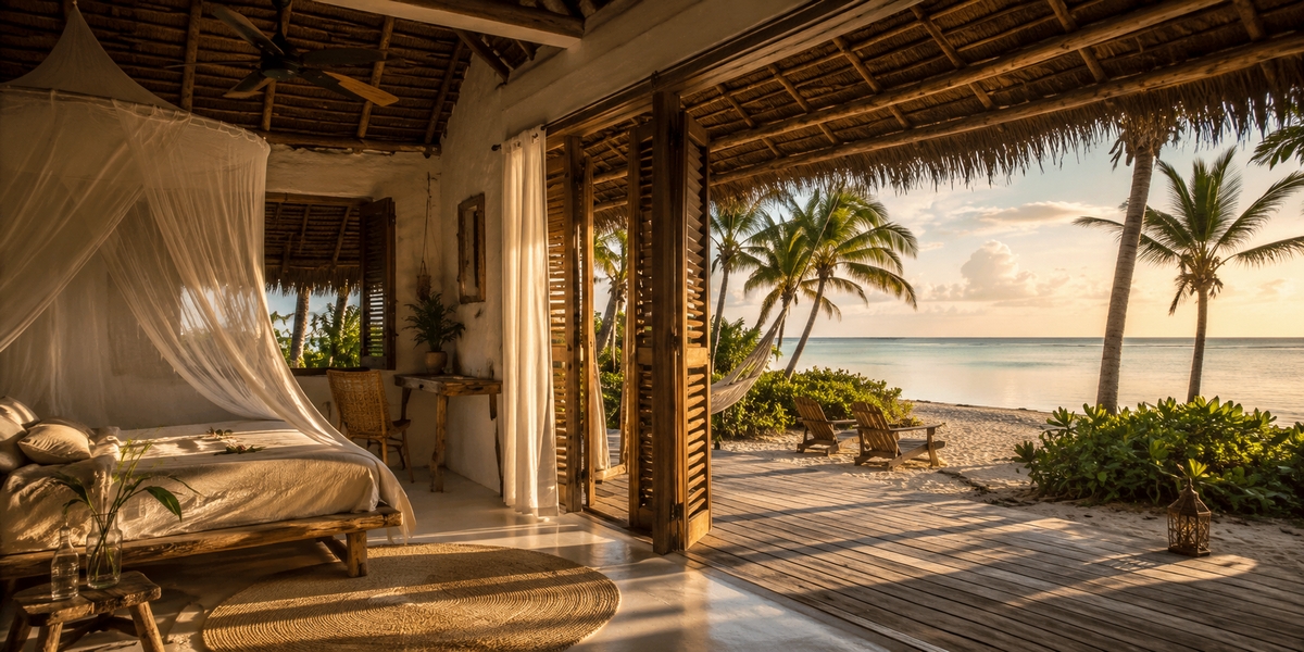 Hammocks over shallow water in front of a Holbox eco hotel at sunset