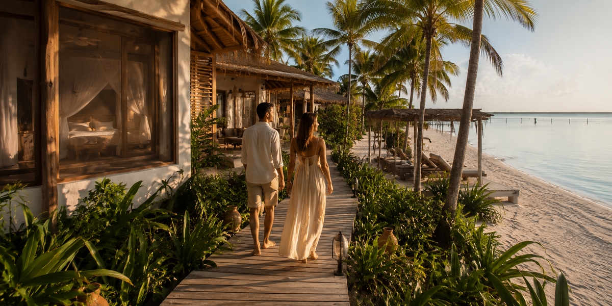 Candlelit beachfront dinner setup at a luxury Holbox lodge after dark