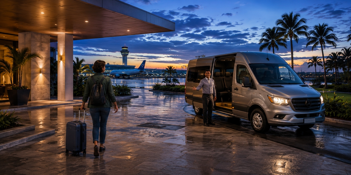 Traveler with luggage checking in at a Cancun airport hotel front desk late at night