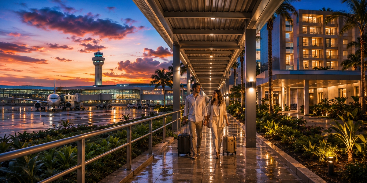 Hilton Garden Inn Cancun Airport building at night used as an example walkable airport hotel