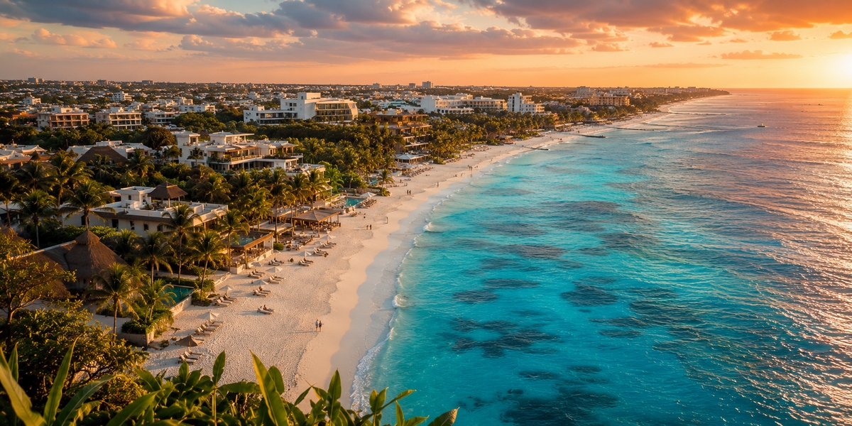 Playa del Carmen beach and town layout used to compare couples hotel zones