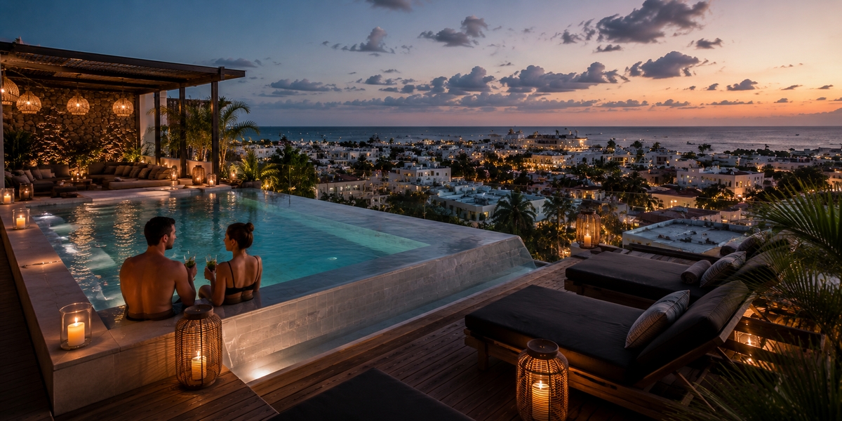 Modern design boutique hotel facade near Fifth Avenue in Playa del Carmen