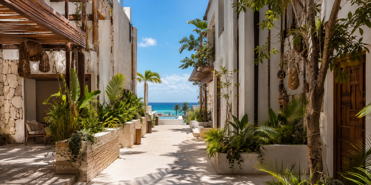 Візуал вибору районів Tulum: пляж, місто і Aldea Zama