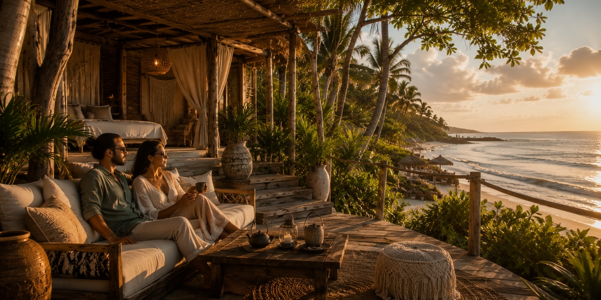 Boutique Tulum beach hotel with jungle-and-sand design at golden hour