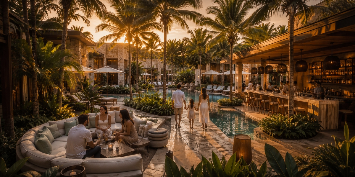 Територія курортів Fairmont і Andaz Mayakoba з каналом на Рив'єра-Майя для розкішного сімейного або соціального відпочинку