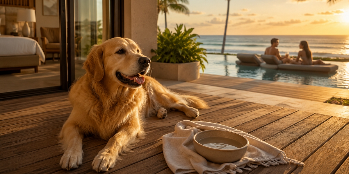 Dog resting in the shade on a hotel terrace in the Mexican Caribbean during the day
