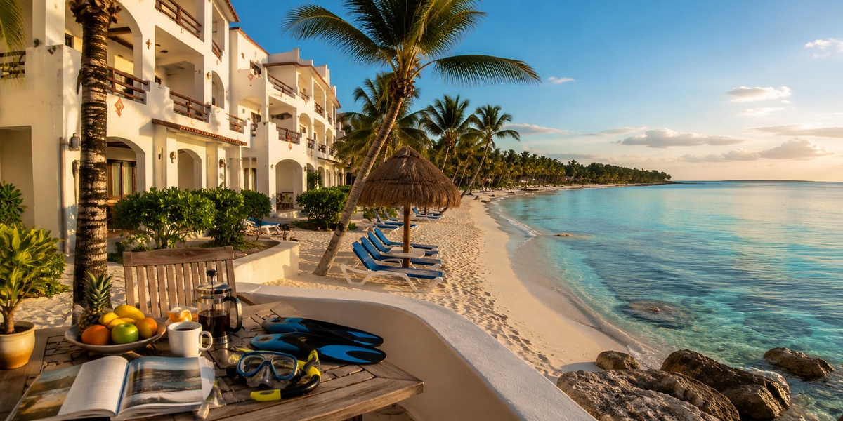 Beachfront condo building on the calmer Half Moon Bay near Akumal