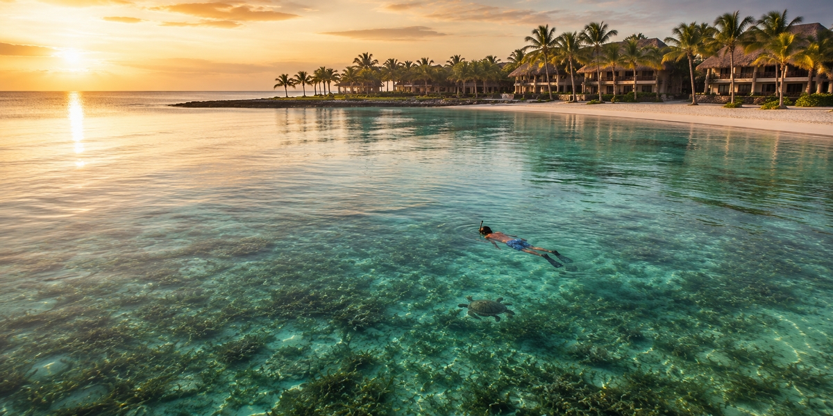 Snorkeler floating above seagrass beds close to shore in the shallow Akumal Bay