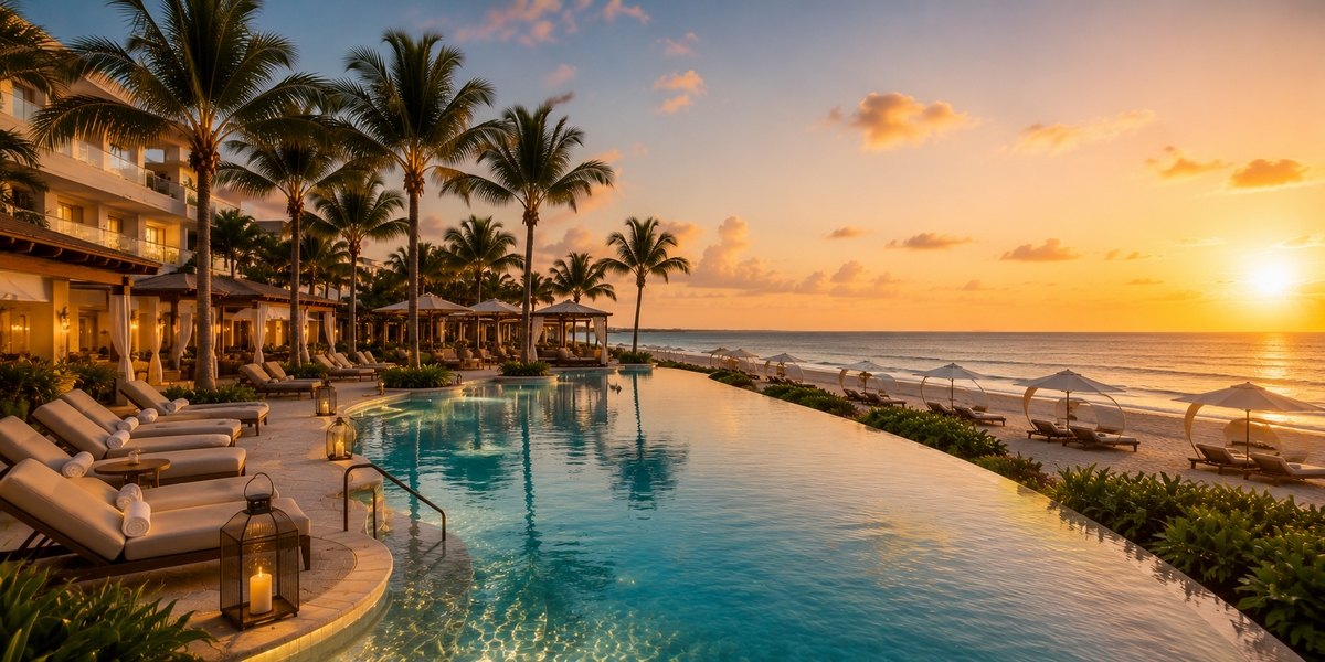 Adults-only Playa Mujeres resort pool and beach visual for Excellence comparison