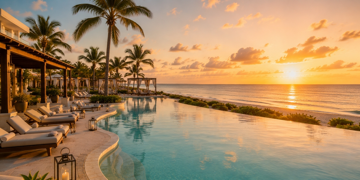 Quiet adults-only resort pool and lounge area in Playa Mujeres at golden hour