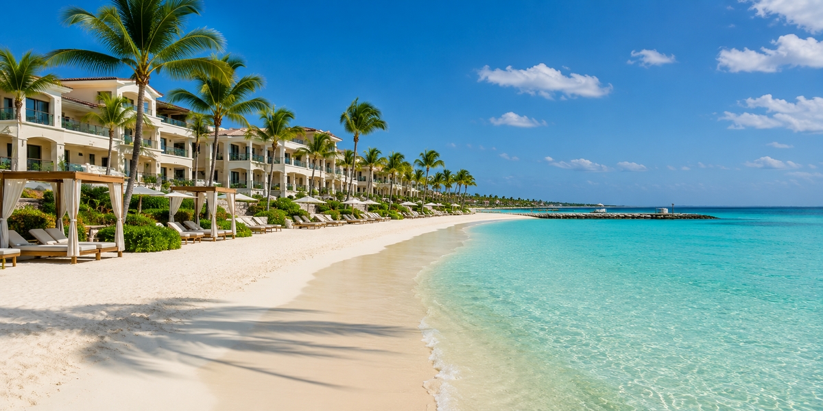Wide, calm bay-facing resort beach at Playa Mujeres used to compare Excellence Playa Mujeres