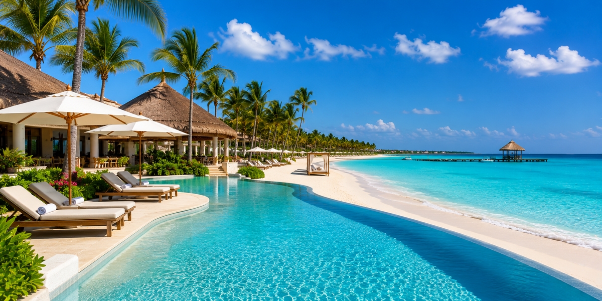 Large Costa Mujeres resort complex with a wide managed beach used to compare Grand Palladium Costa Mujeres