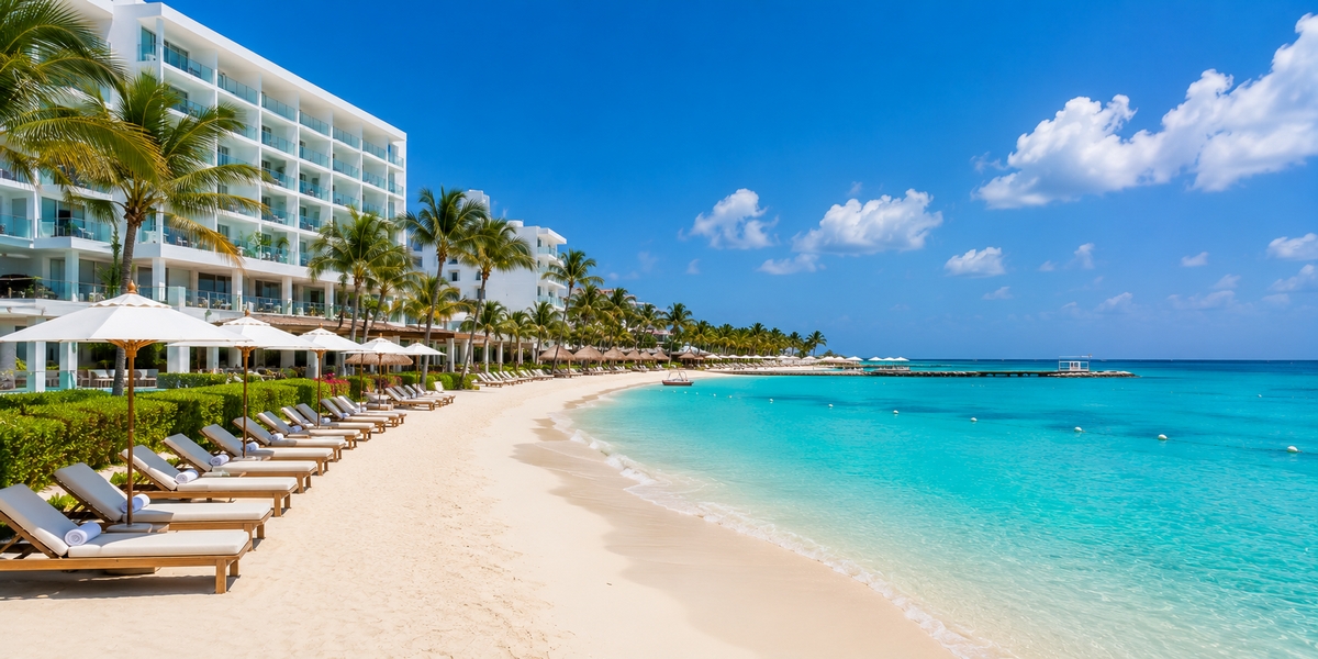 Bay-facing north Hotel Zone resort beach used to compare Dreams Sands Cancun