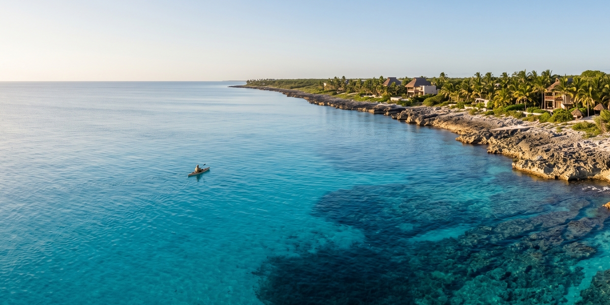 Прозрачная вода Карибского моря у курорта на Косумеле с видом на риф