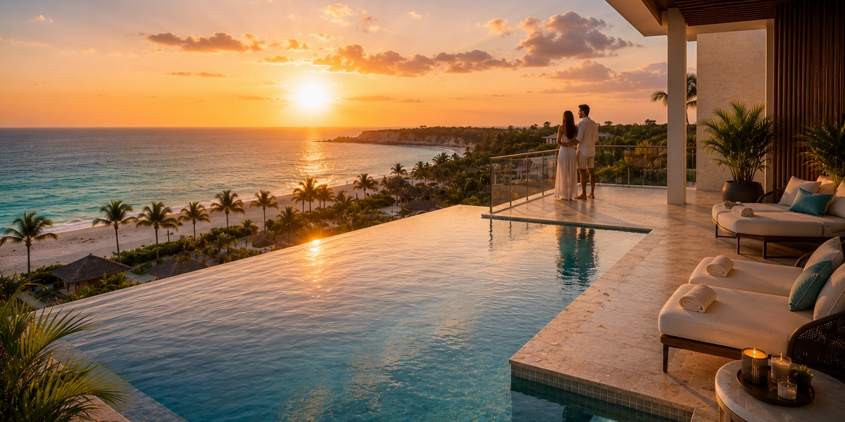 Private plunge pool suite overlooking a calm Riviera Maya beach