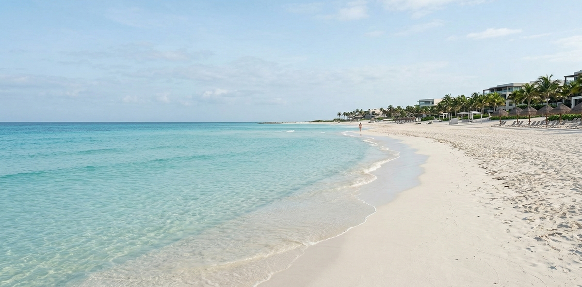 Спокійний чистий пляж у Канкуні в сильний сезон: білий пісок, бірюзова вода і комфортна пляжна погода