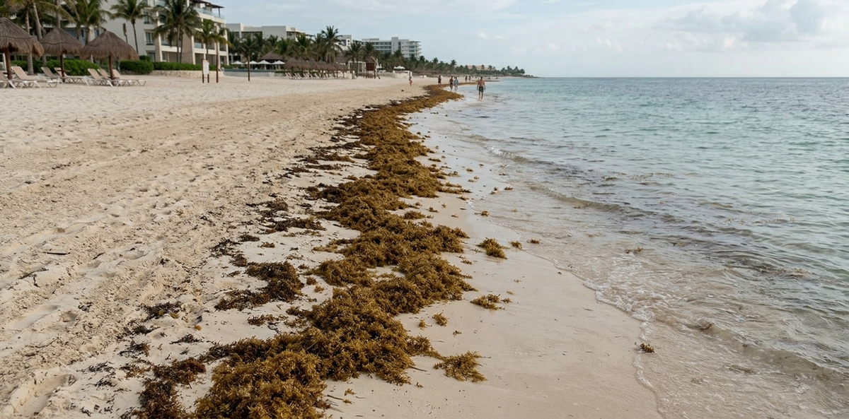 Помірна кількість саргасуму на пляжі Рив'єри Майя: водорості біля лінії води і реальна картина сезону