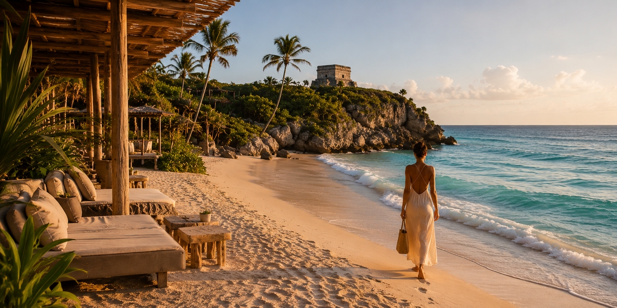 Tulum beach zone in dry-season conditions with clear water and white sand