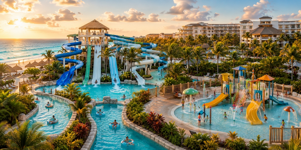 Аквапарк отеля с башней горок и ленивой рекой в сравнении с мелкой игровой зоной splash pad