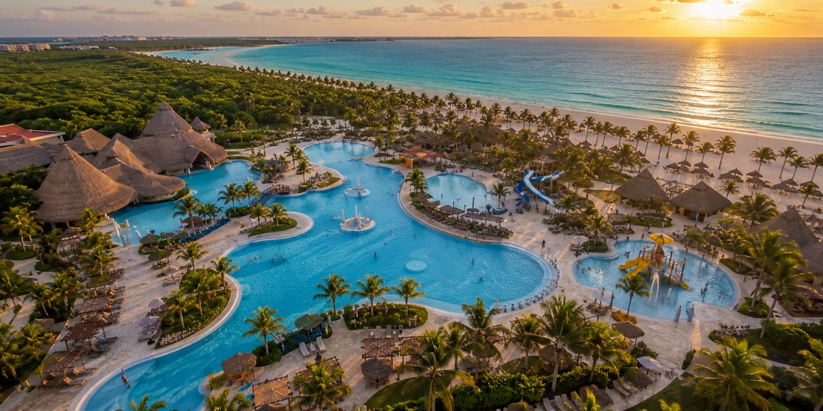 Аквапарк и бассейны курорта Grand Palladium Riviera Maya среди тропических садов