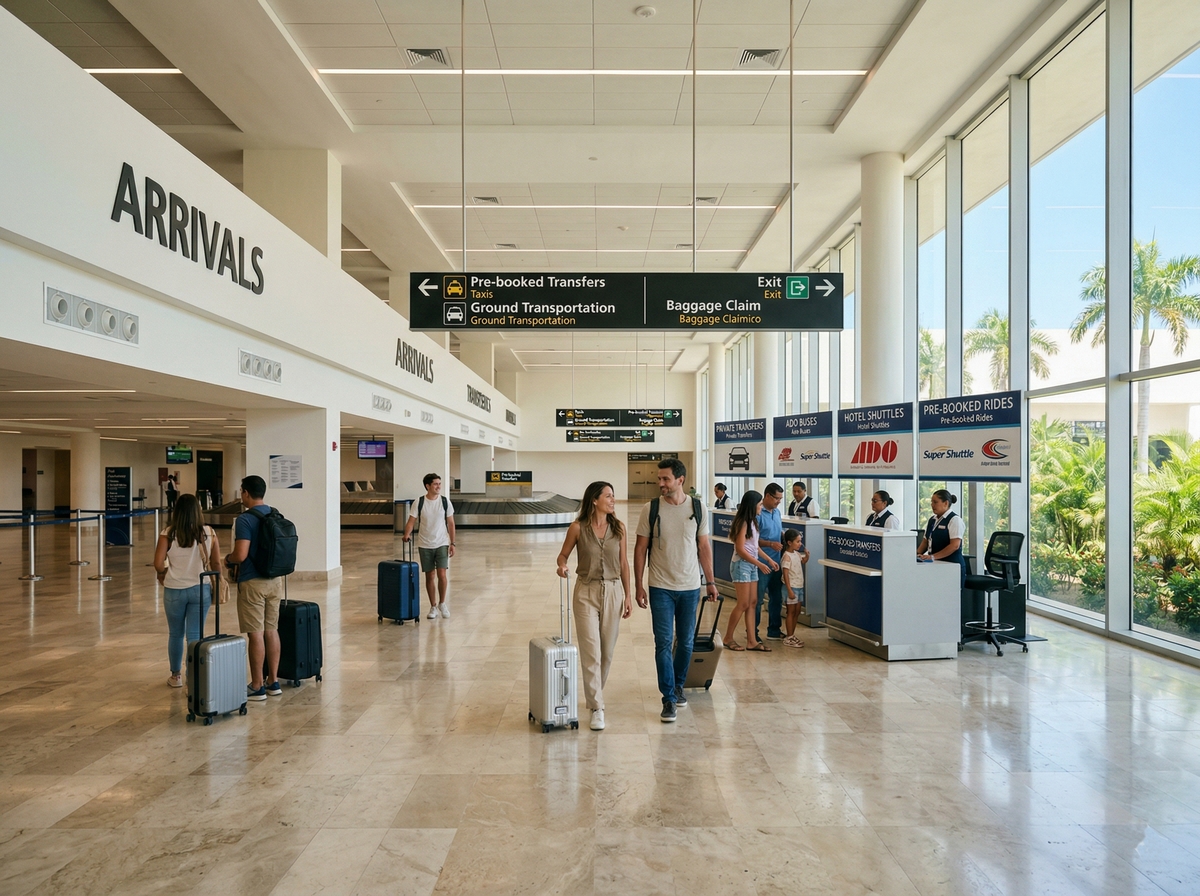 Зона прилёта в аэропорту Канкуна со стойками трансфера