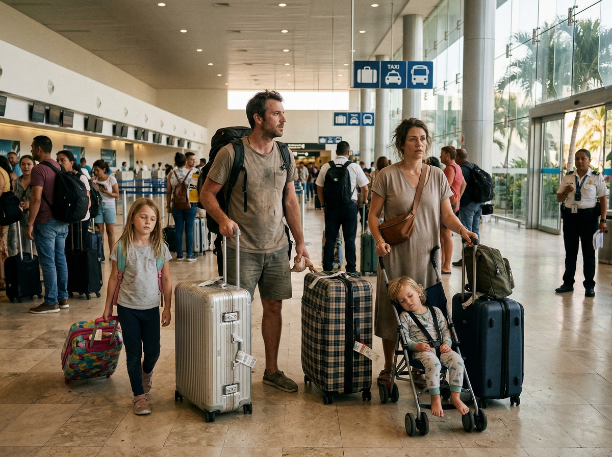 Семья с детьми после прилёта в аэропорт Канкуна