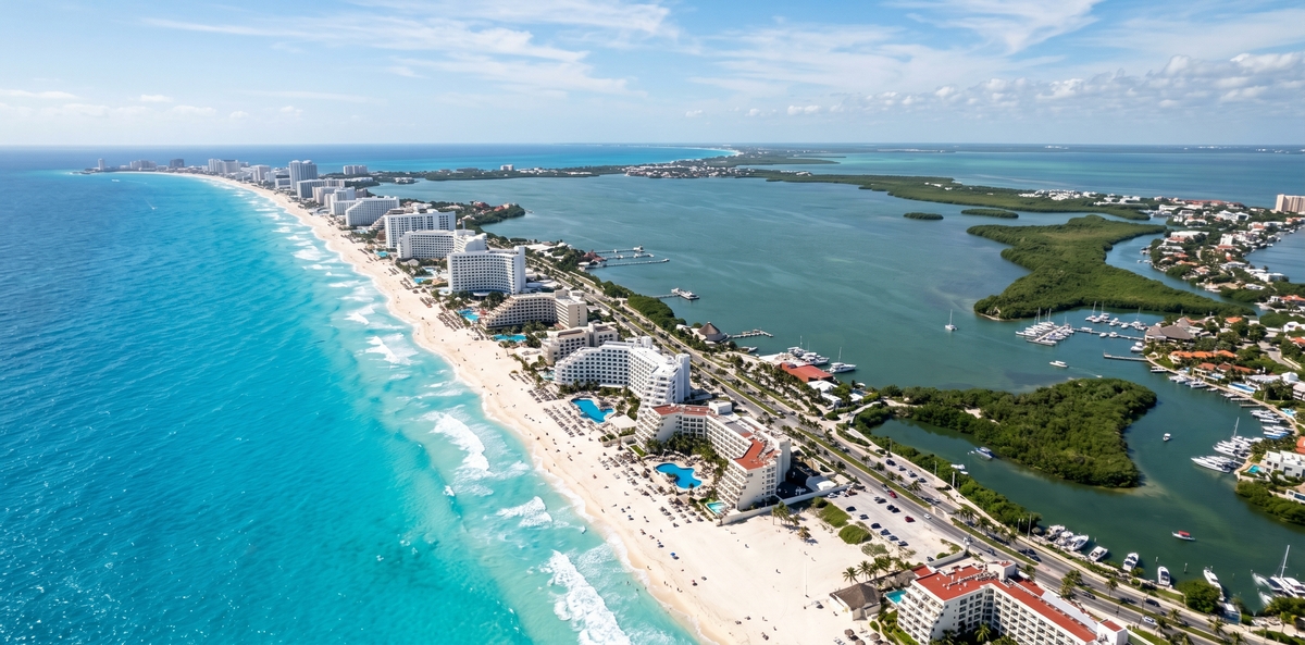 Cancun Hotel Zone beach with white sand and turquoise water used to compare beach areas