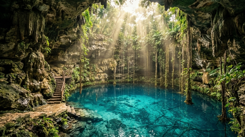 Yucatan cenote with blue water in the jungle
