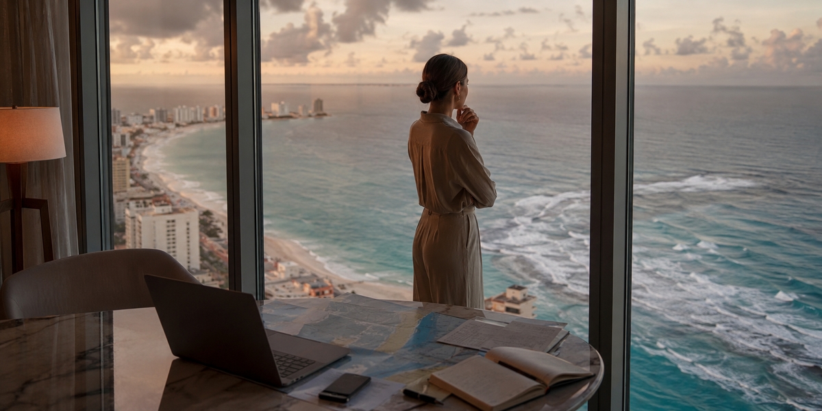 Traveler comparing Cancun hotel location and beach access before booking