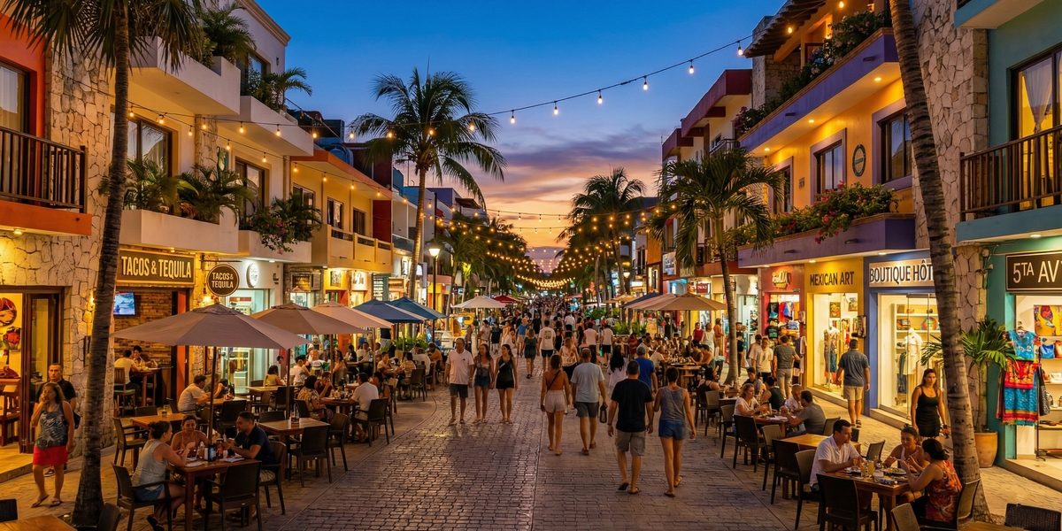 Playa del Carmen 5th Avenue — cafes, people and lively city atmosphere