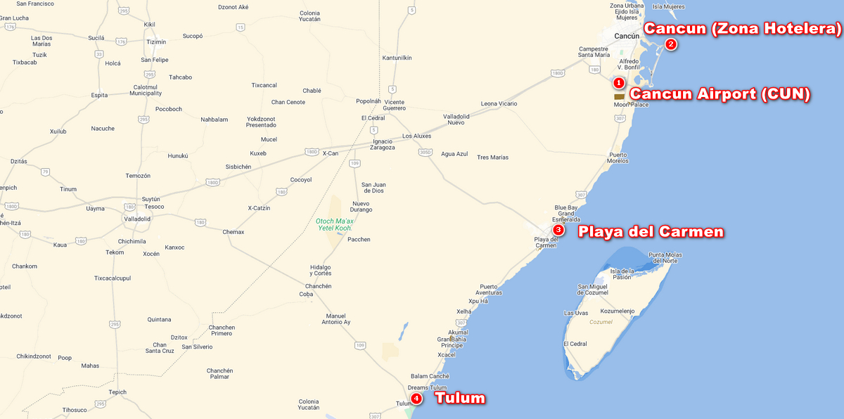 Riviera Maya map — Cancun, Tulum and Playa del Carmen locations